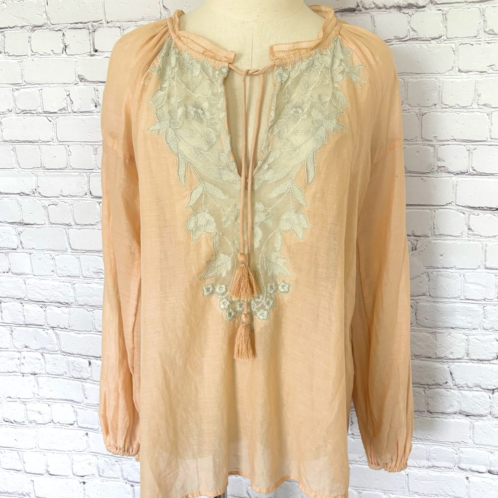 SOLITAIRE Peach Embroidered Long Sleeve Boho Peasant Blouse--S